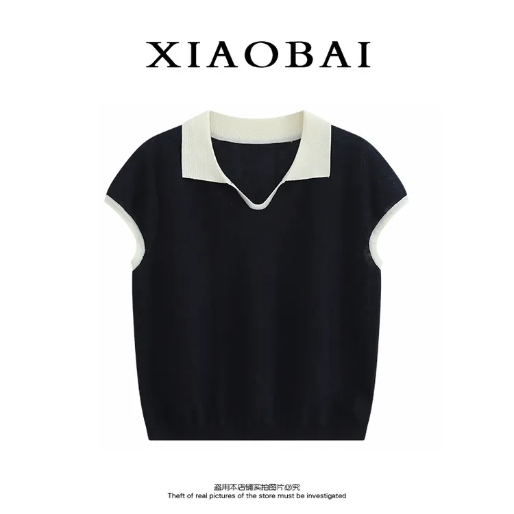XIAOBAI 莱赛尔翻领针织衫25夏季短袖复古双色百搭老钱风女装上衣
