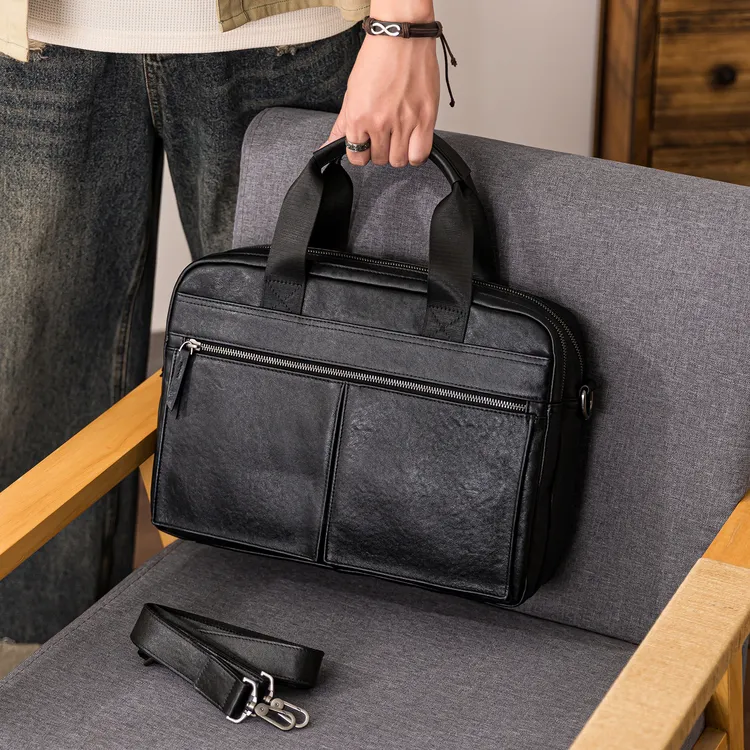 后步原创男士真皮手提公文包通勤潮牌背包休闲百搭牛皮单肩斜挎包