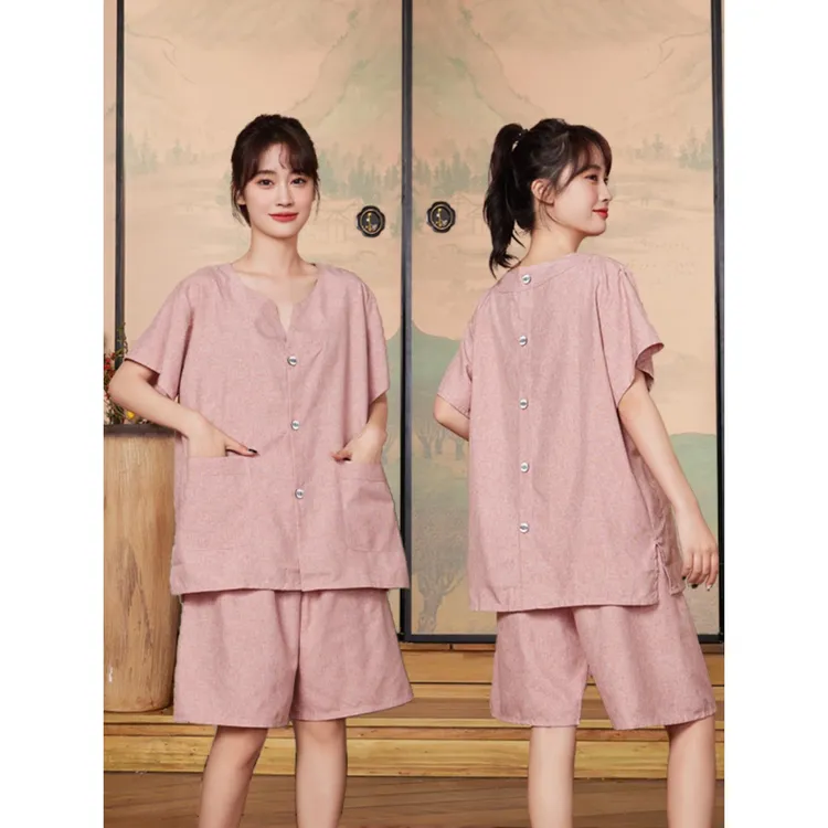 2025棉麻高档前后开扣艾灸服女男款背开扣按摩汗蒸服酒店养生中医