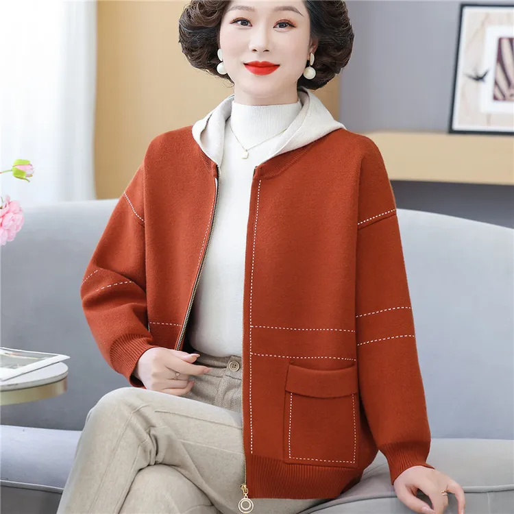 新款妈妈秋装外套洋气中年妇女连帽上衣中老年人春秋针织开衫外套