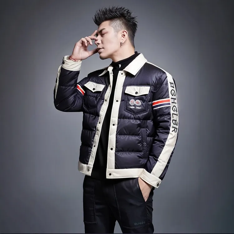 保登皮兹冬季男士时尚字母刺绣外套帅气修身休闲翻领羽绒服百搭