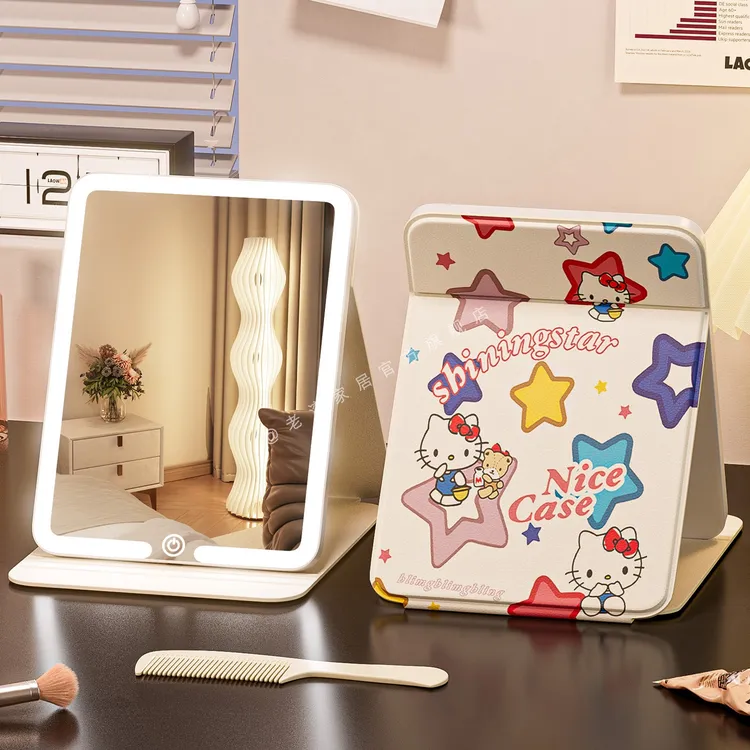 镜子凯蒂猫hello kitty折叠发光补妆镜随身小镜子家用办公化妆镜
