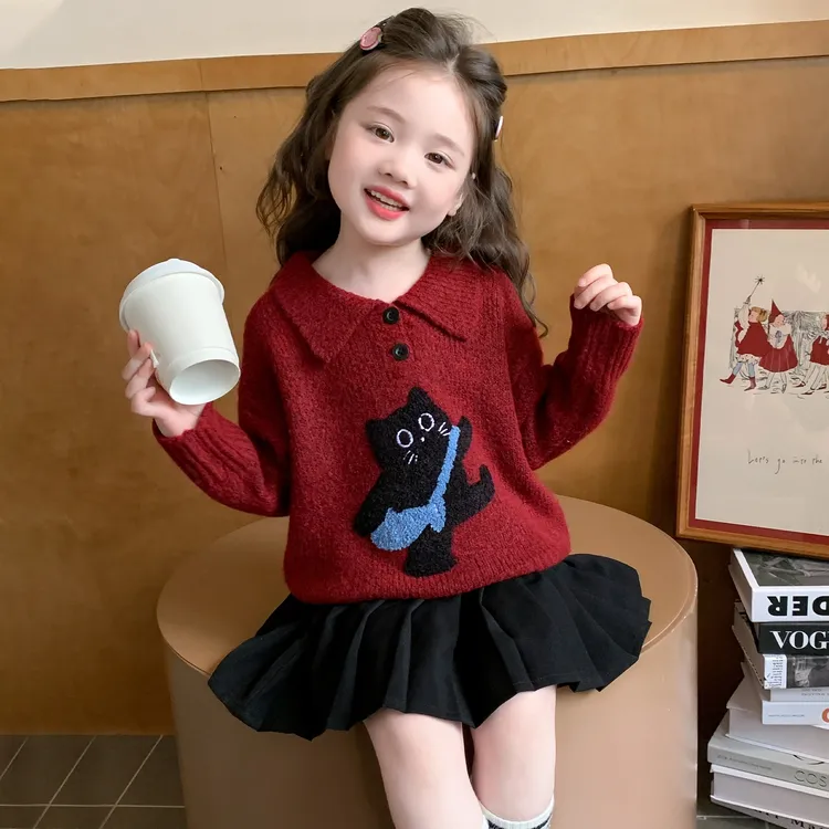 女小童秋款韩系猫咪毛衣2025新款儿童洋气小女孩时尚针织打底衫潮