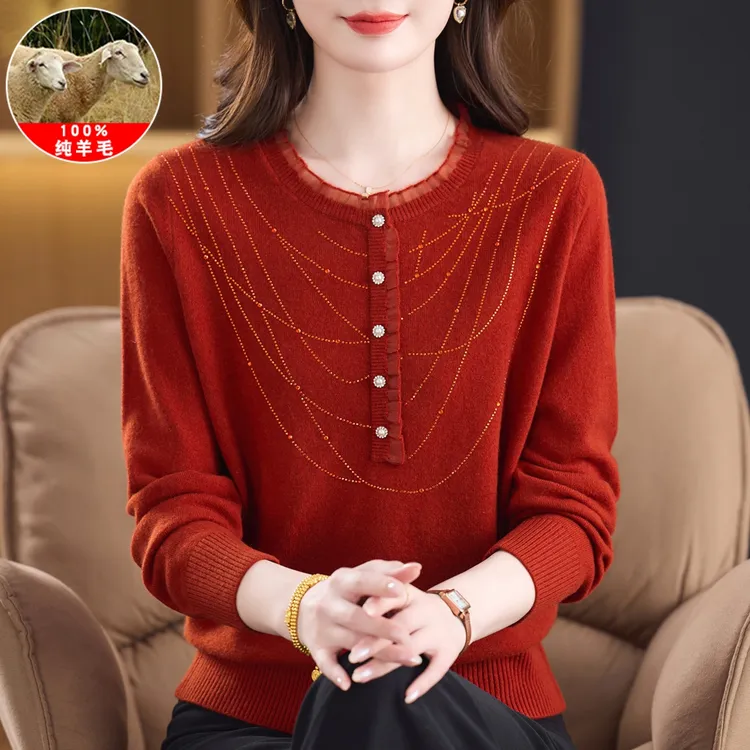 100纯羊毛衫女针织打底衫中老年人妈妈装秋冬新款大码圆领毛衣服