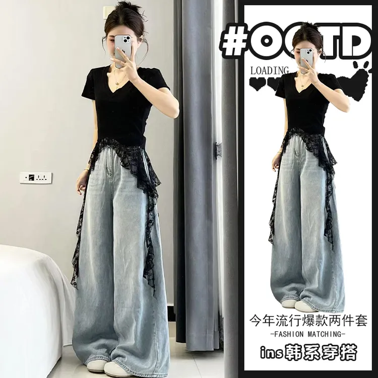 辣妹暗黑系拼接蕾丝飘带短袖上衣女夏季新款宽松阔腿牛仔裤两件套
