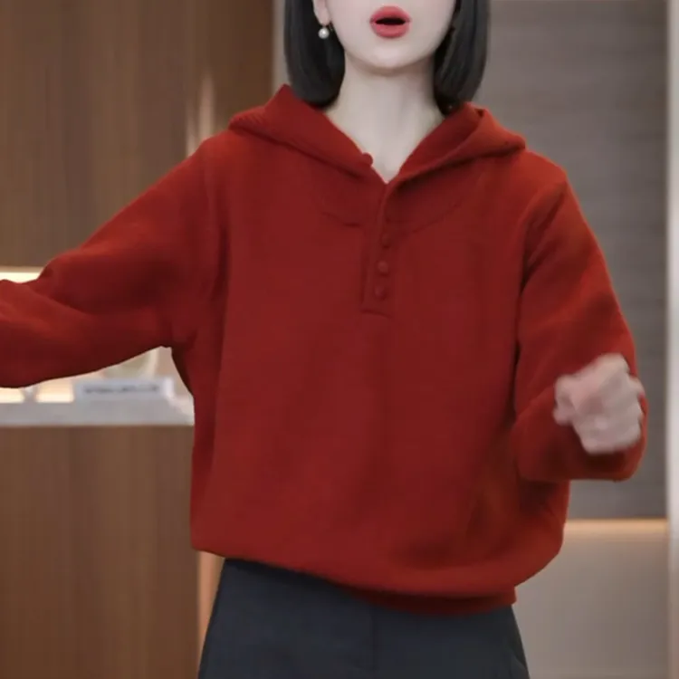 加厚连帽新年红色针织衫女长袖宽松高级感毛衣内搭打底上衣