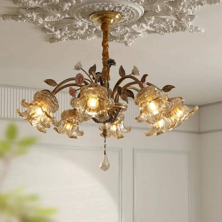 2025新款法式田园风客厅吊灯复古浪漫陶瓷花高级感餐厅卧室全铜灯