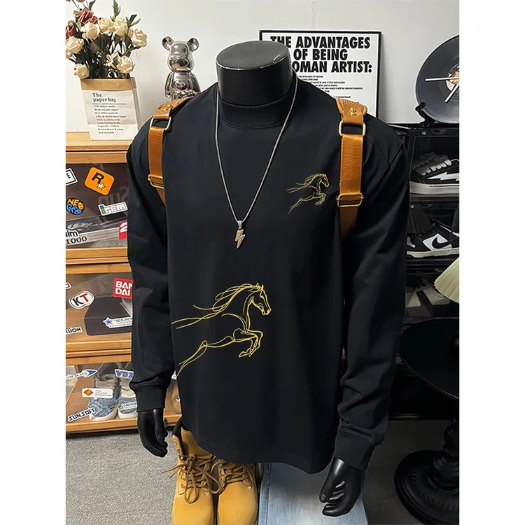 国潮骏马印花男士长袖T恤秋冬新款圆领时尚潮流打底衫长袖上衣男