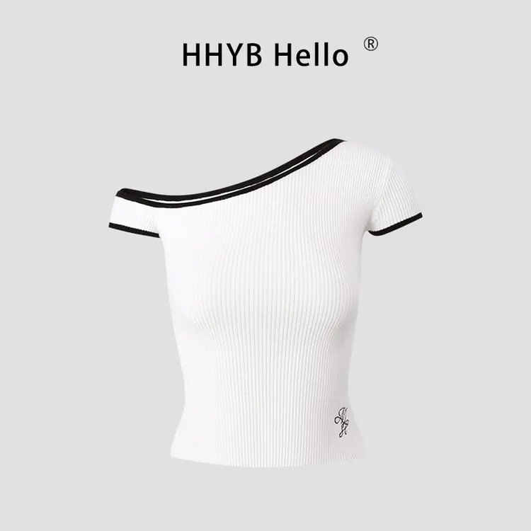 HHYB Hello撞色斜肩短袖针织衫2025夏修身显瘦短款露肩上衣M1329