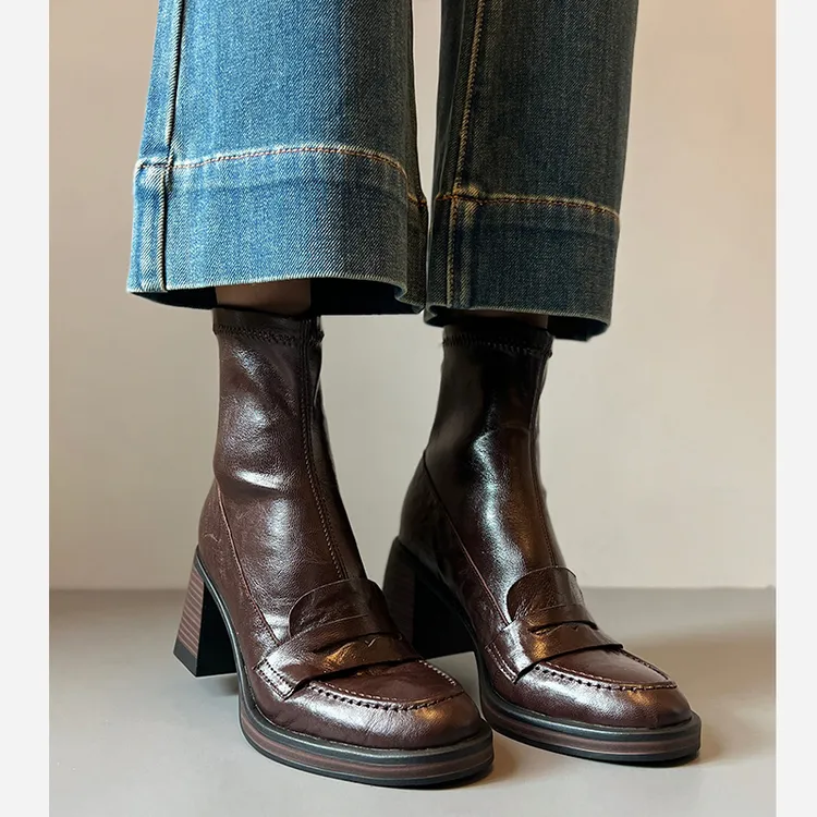 羊皮版~复古静音底短靴女粗跟圆头瘦瘦靴后拉链百搭高跟靴子秋冬