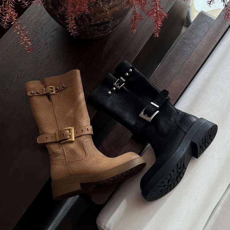 牛皮版~英伦搭扣中筒靴女2025新款H家经典厚底百搭废土风骑士靴潮