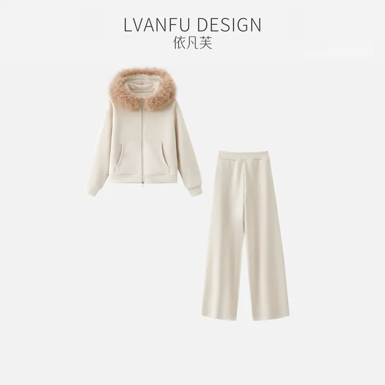 【一只璐甄选】W023依凡芙大暖袍毛领羊毛蚕丝卫衣套装JY990A/XX