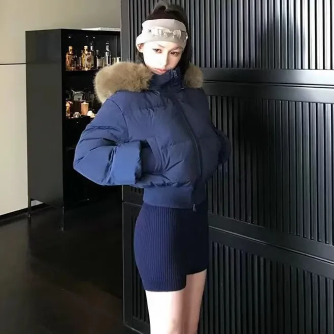 新款棉服女短款冬季新款收腰大毛领棉衣保暖棉袄面包服外套女加厚