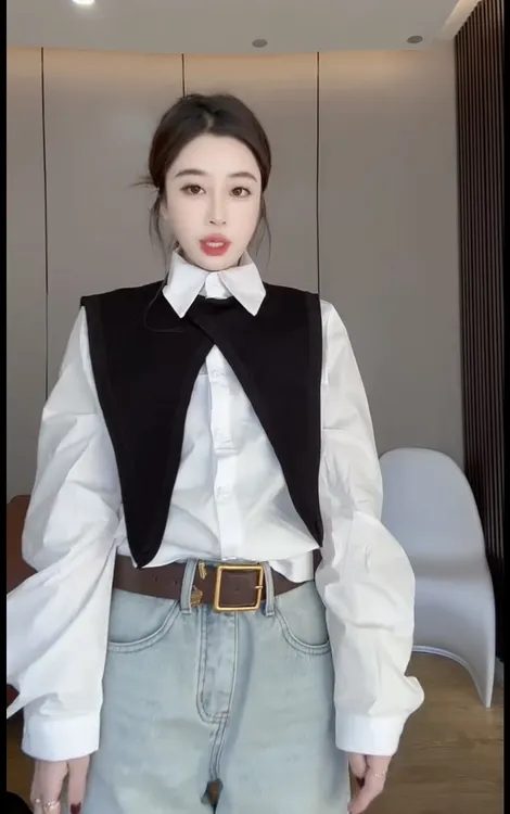 韩系拼色翻领两件套衬衫女欧洲站新款设计感披肩式百搭显瘦上衣潮