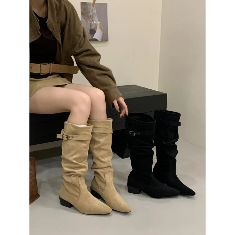 骑士长靴尖头过膝长筒瘦瘦靴百搭粗跟高跟秋冬高筒靴时尚复古