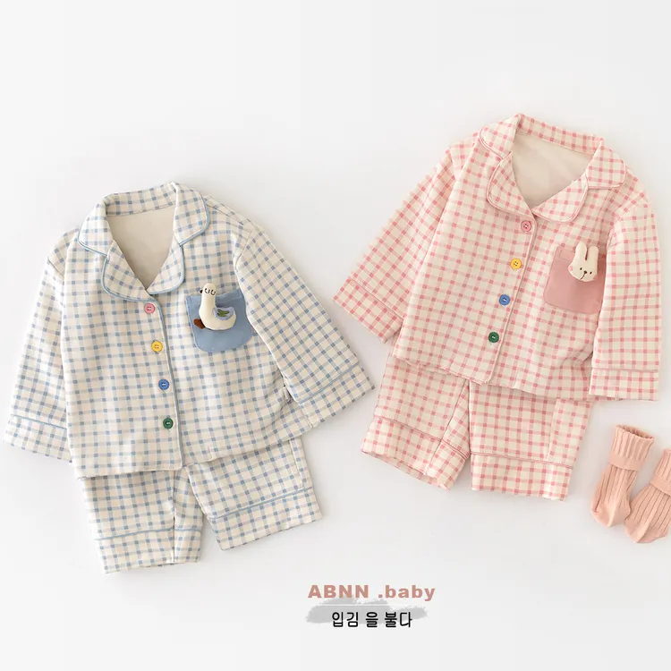 abnn秋款韩版儿童格子翻领两件套 男女童宝宝外穿家居服套装