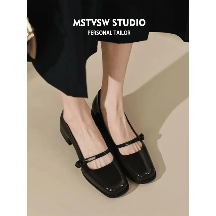 复古玛丽珍鞋女2025新款高跟鞋黑色百搭方头小皮鞋法式粗跟单鞋女