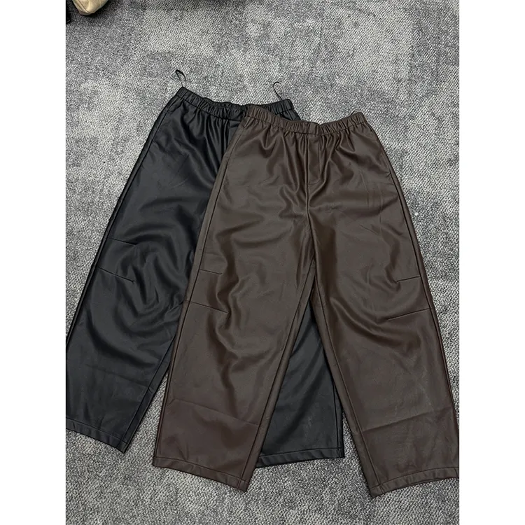 2025秋冬时尚百搭洋气进口蛋白皮哈伦裤松紧腰宽松皮裤九分裤女