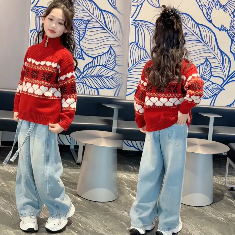 女童秋冬休闲高领毛衣新款冬季穿搭高级感半拉链加厚毛衣两件套潮