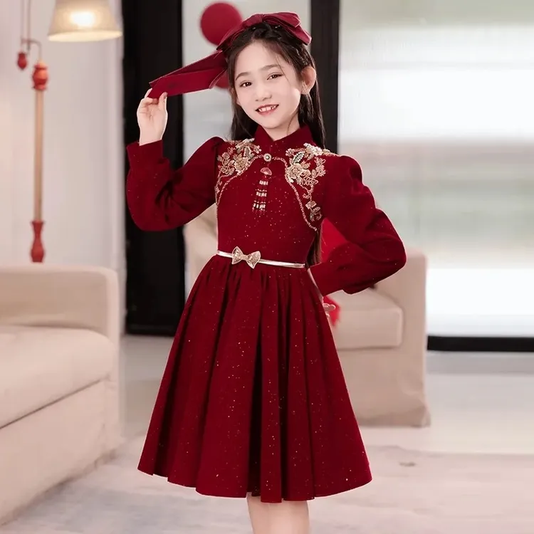 女童过年衣服红色礼服连衣裙新款中大童拜年服中国风新年服公主裙