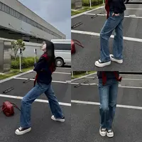 今婷秋季时尚百搭气质显瘦做旧修身直筒蓝色牛仔长裤女-J25301308