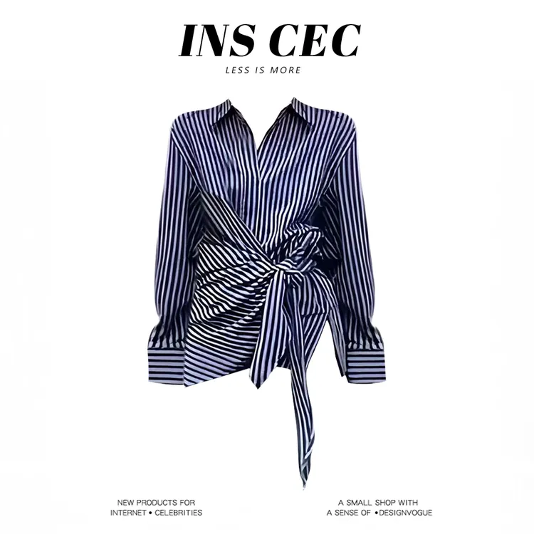 INS CEC时尚女装复古气质通勤不规则条纹衬衫女秋季收腰长袖上衣