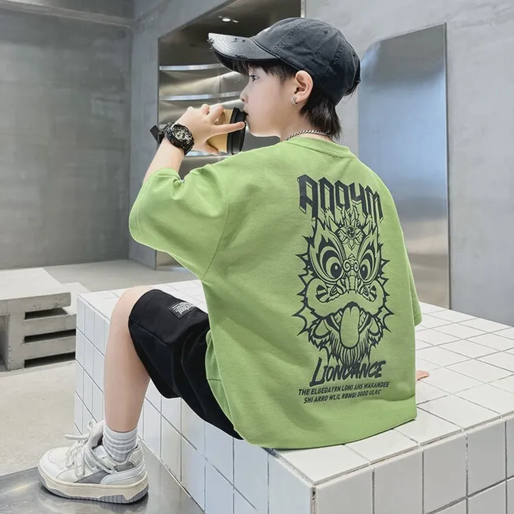 巴拉童年2025中大童夏季新款短袖男孩T恤套装儿童夏款半袖两件套