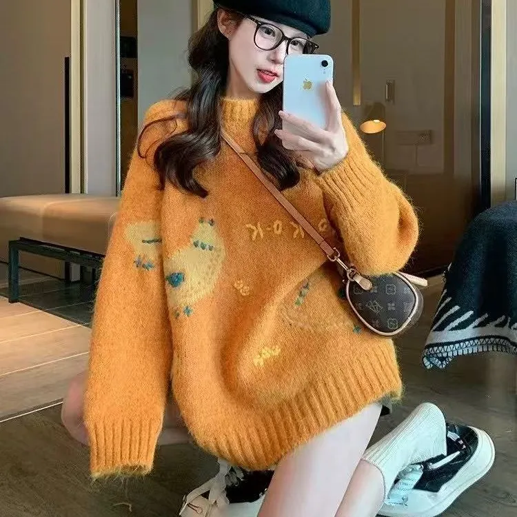 灰色童趣风提花套头毛衣女2024新款秋冬季加厚软糯慵懒内搭针织衫