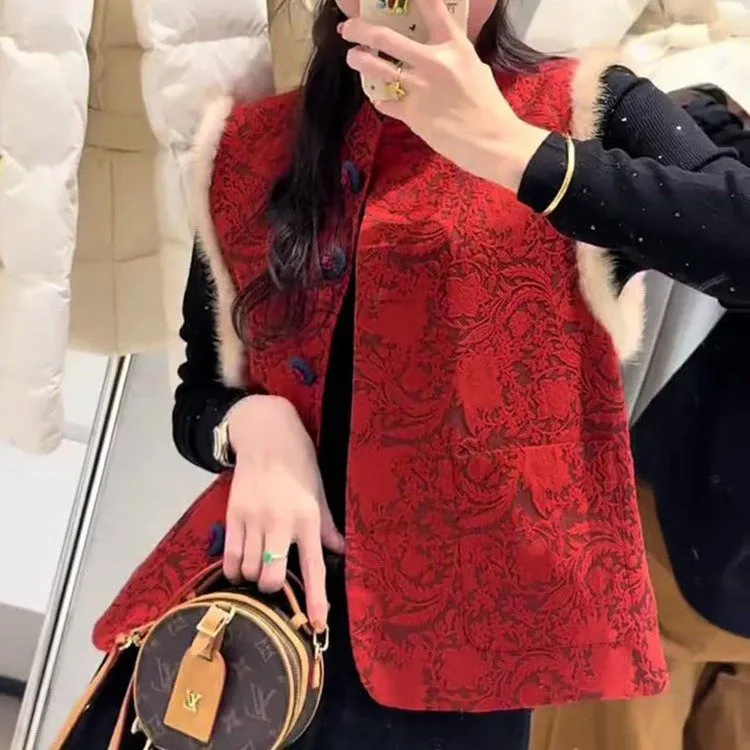 高端新年红色国风马甲减龄洋气年轻水貂毛背心外穿夹棉加厚拜年服