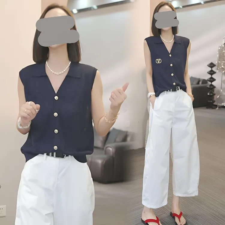 香朵儿2025夏季新款V领纽扣设计感无袖T恤休闲裤套装女生时尚两套