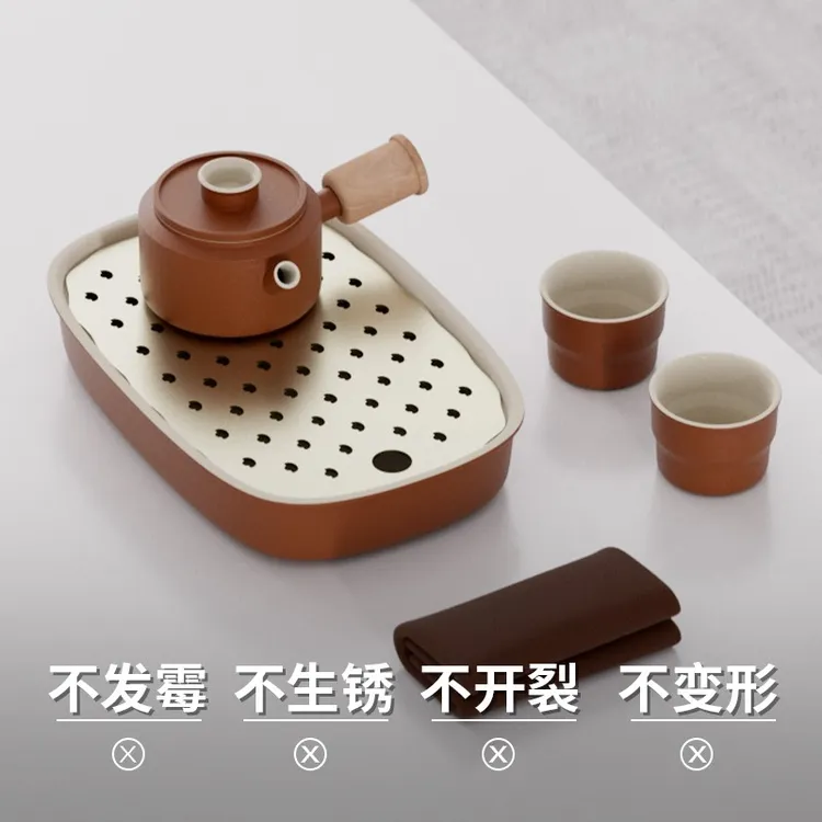 高档轻奢工位小茶盘沥水陶瓷盘储水茶托盘壶承湿泡茶台干泡盘喜红