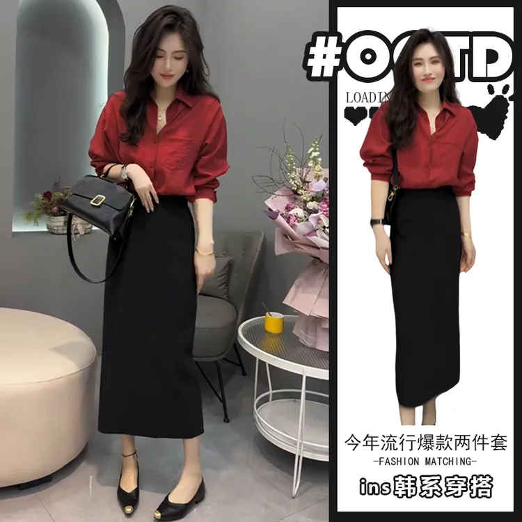 通勤风一整套穿搭2025夏季港味别致复古polo领衬衫搭配高腰包臀裙