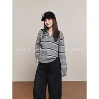 玖黛衣【海岸阳光】早秋韩版慵懒风翻领条纹针织XSP45030
