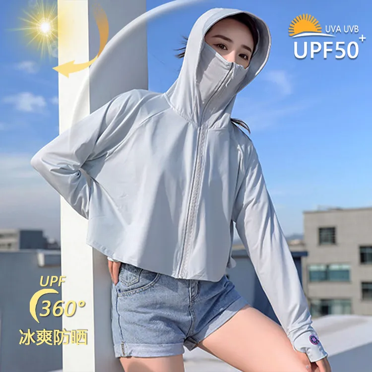夏季薄款冰丝衣女透气上衣长袖学生外套防紫外线连帽服女款防晒衣