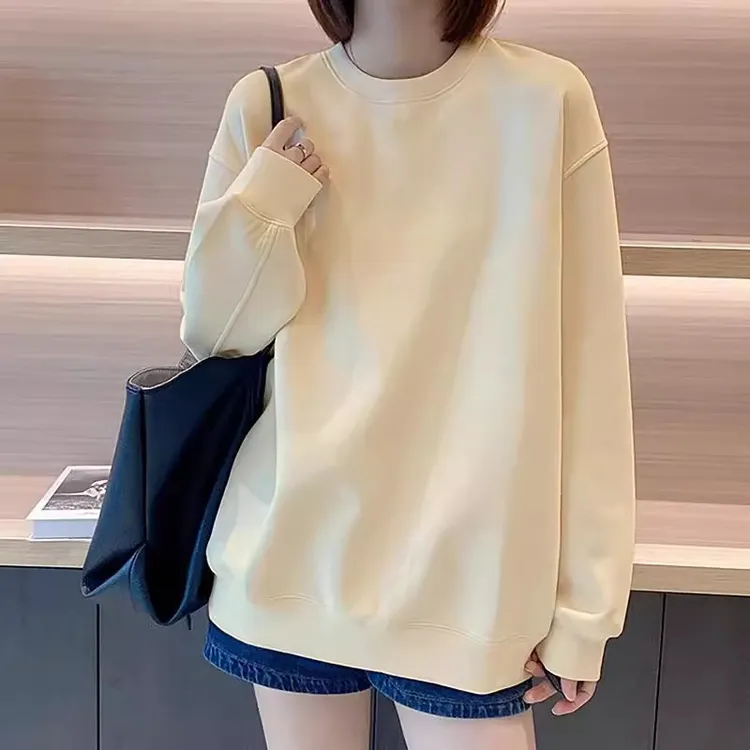 奶杏色圆领卫衣女2025新款爆款秋季韩系宽松大码上衣胖mm加绒加厚