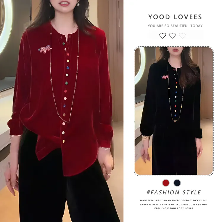 设计感撞色圆领彩色单排扣长袖衬衣女2025秋冬季新款显瘦时髦上衣