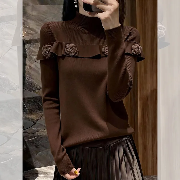 别致独特漂亮内搭咖色花边小衫花朵毛衣洋气高贵针织衫上衣女秋冬