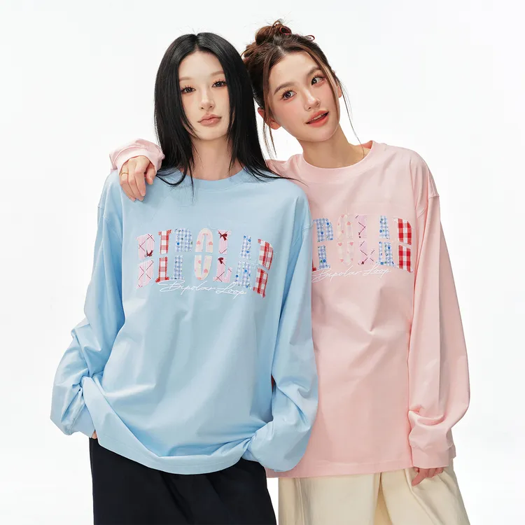 BIPOLAR碎花贴布时尚休闲情侣宽松圆领潮流长袖T恤    11S146