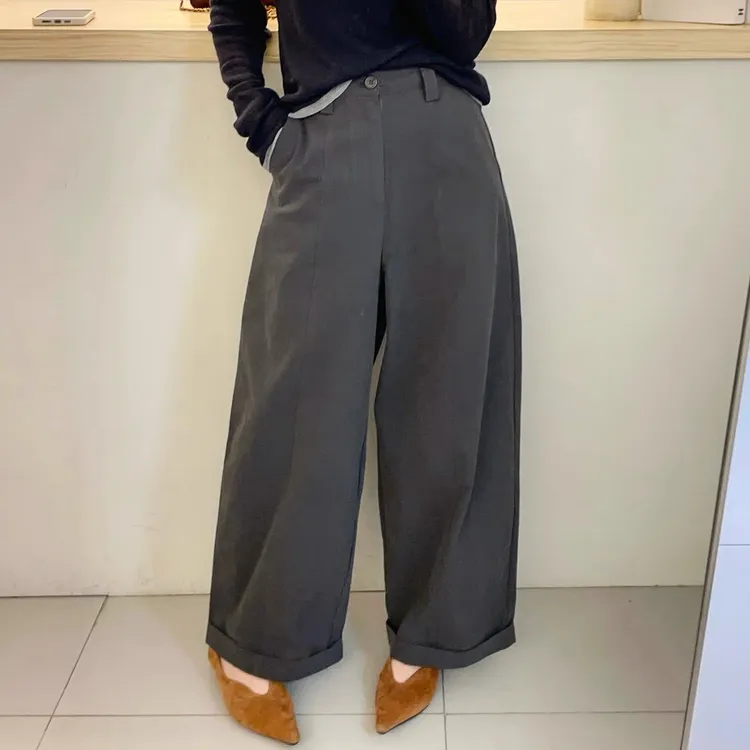 休闲阔腿裤女欧洲站2025早秋新款时尚宽松高腰裤脚卷边显瘦九分裤