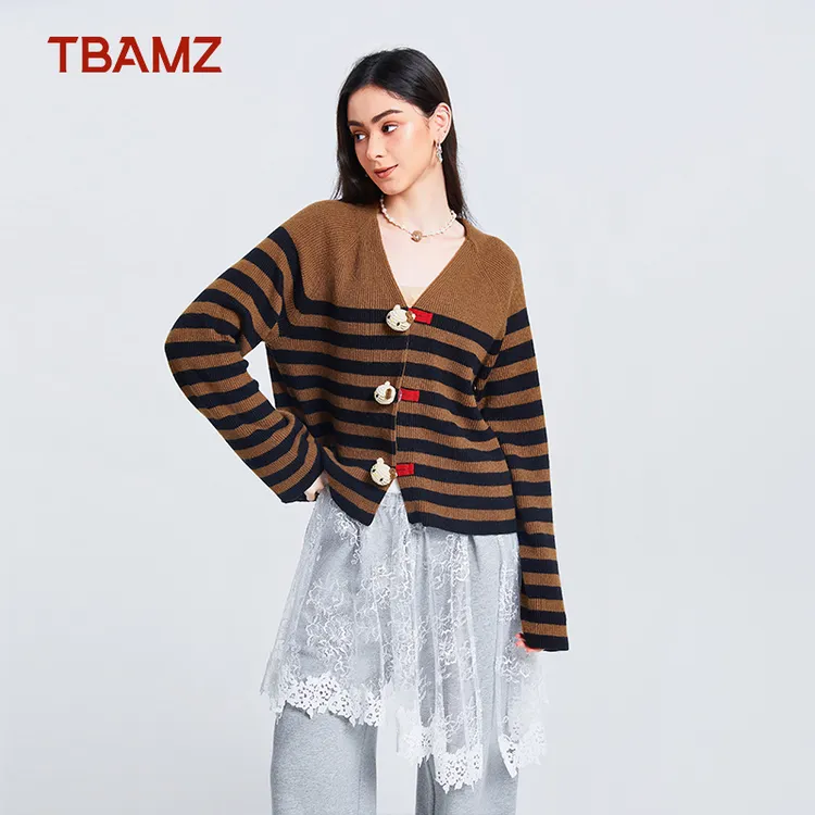 TBAMZ 超重工手勾猫咪美拉德条纹羊毛毛衣外套 65MY623