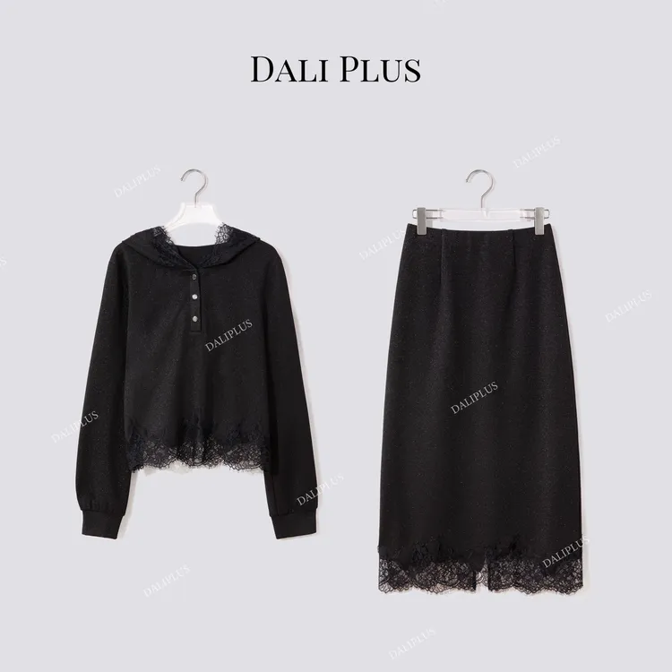DALI PLUS“黑闪卫衣套装”蕾丝连帽轻奢设计上衣+半裙-D5ST1398