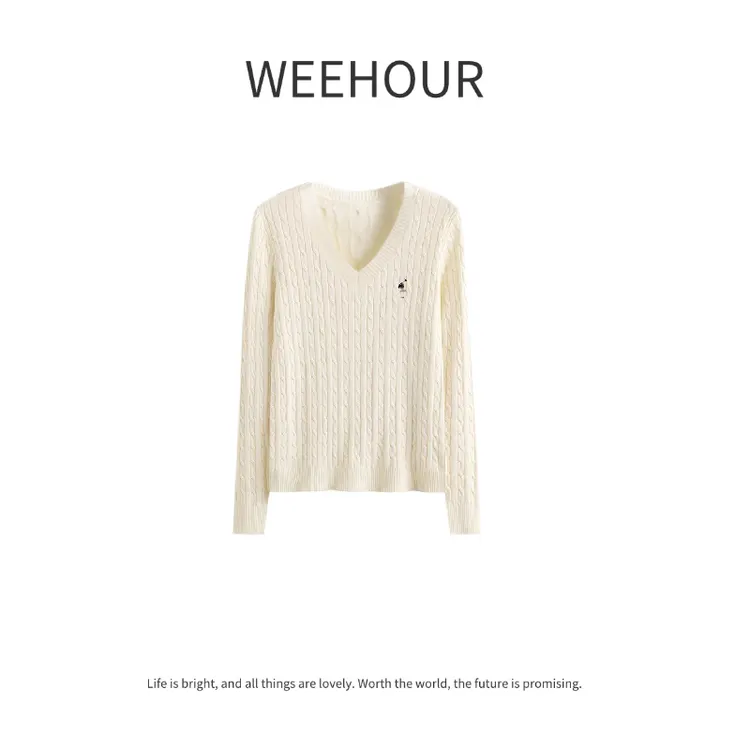 小马图案复古麻花V领刺绣毛衣秋冬款套头外穿慵懒软糯上衣262116