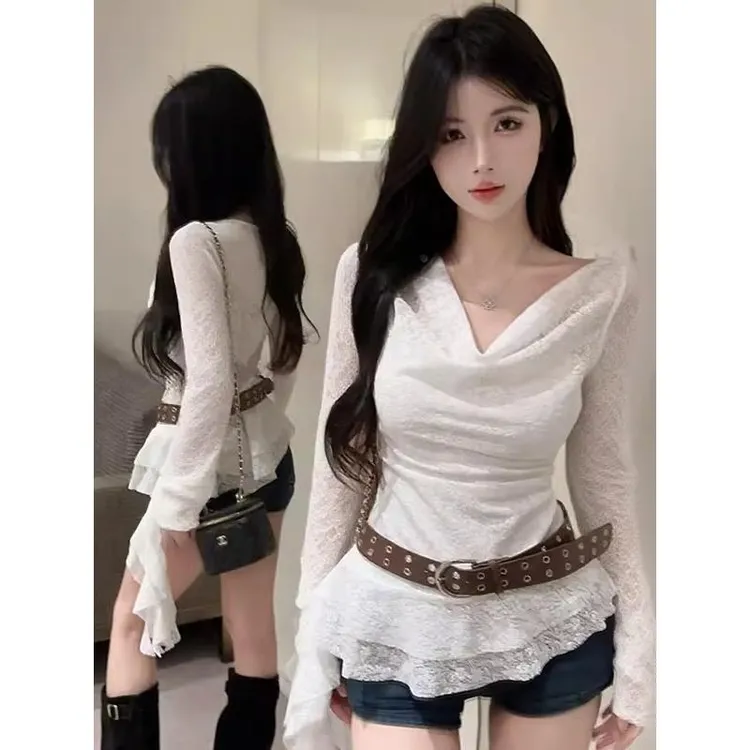 法式荡领长袖白色蕾丝衫女2025秋季新款不规则下摆配腰带掐腰上衣