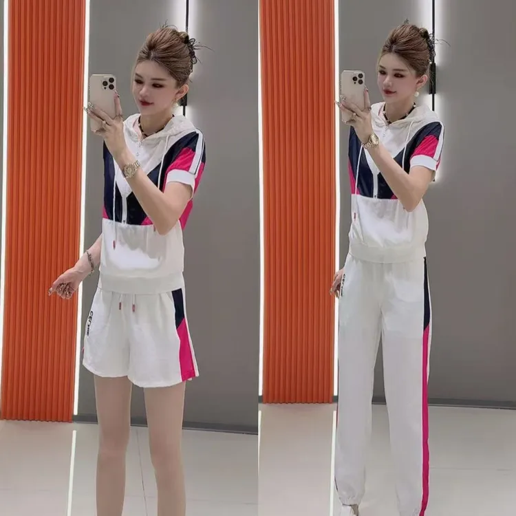 最新款0110 夏季运动休闲连帽短袖上衣 加 长裤 两件套