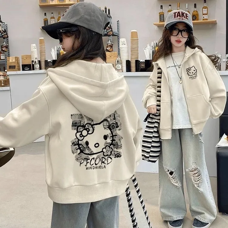 女童设计风凯蒂猫卡通连帽薄款卫衣外套春秋款外搭中大童拉链上衣