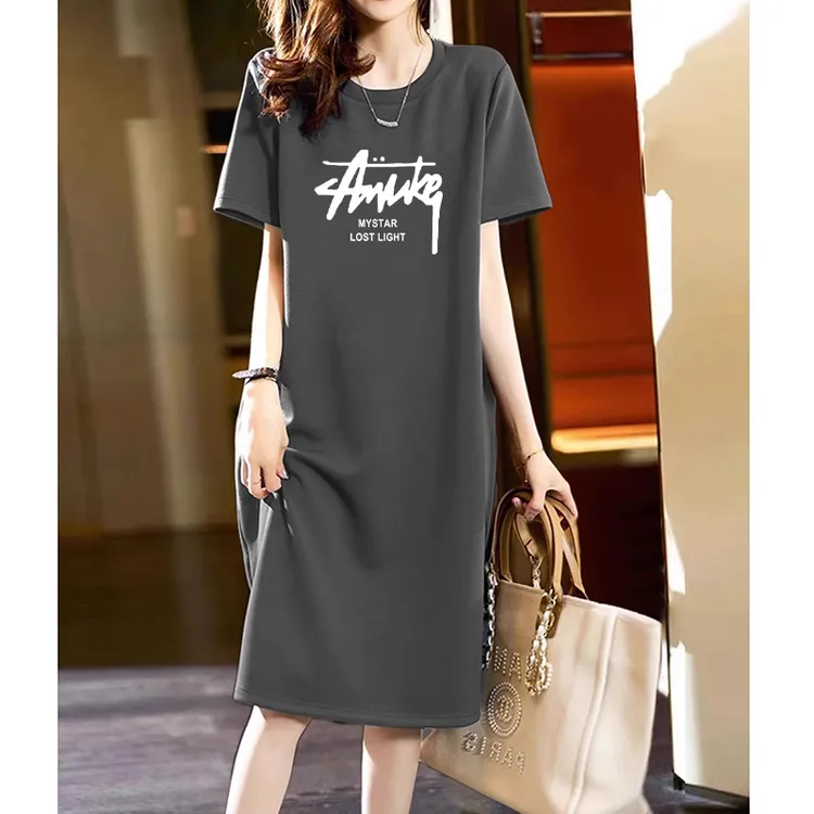 大码女装纯棉短袖T恤连衣裙子夏季胖mm宽松遮肚显瘦休闲直筒长裙