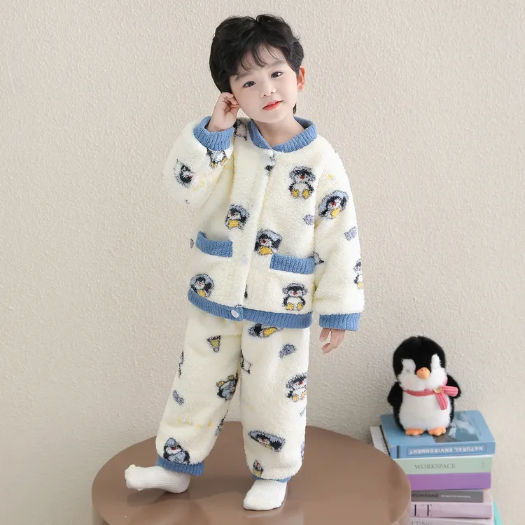 男童珊瑚绒睡衣秋冬季2025新款宝宝冬款半边绒儿童冬装家居服套装