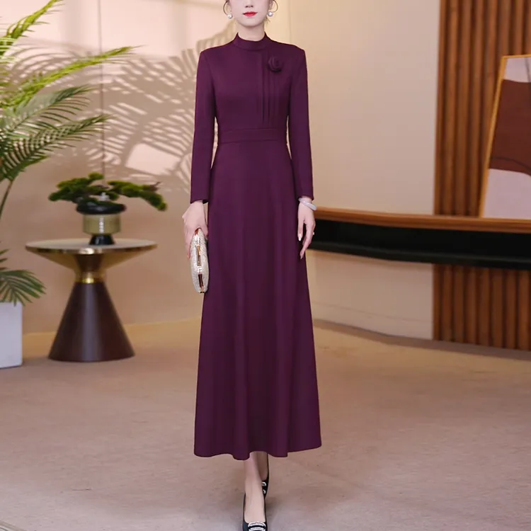 冬季羊毛裙玛莎紫立领显瘦大摆连衣裙长裙优雅气质收腰25157