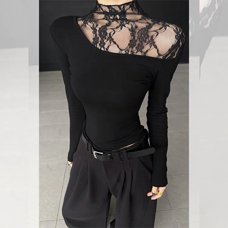 小众炸街高级感潮牌女装秋冬季穿搭黑色半高领网纱拼接长袖T恤衫