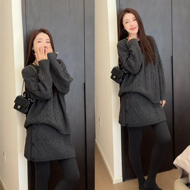 今年流行一整套女装2025年新款韩系简约气质针织上衣短裙两件套装